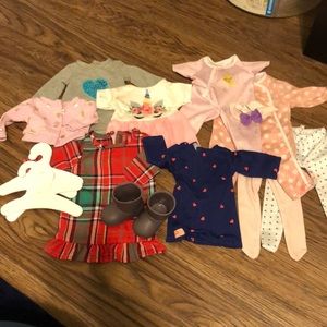Large doll clothes bundle: nightgown, dress, tunic, cardigan, PJs, dress, tights